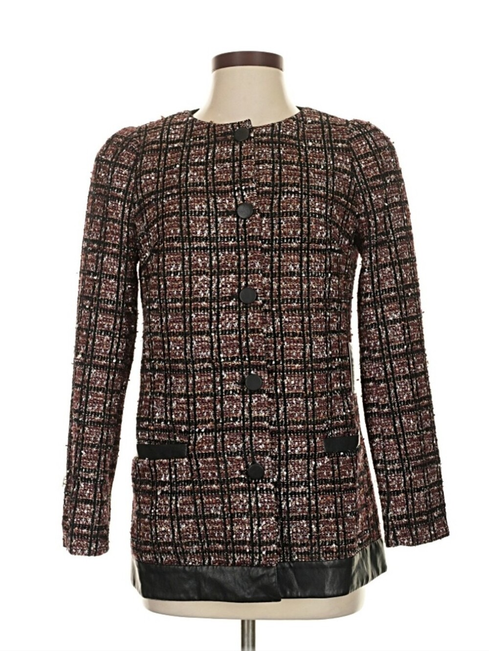 Express Sparkle Tweed Blazer Jacket Black Red Gold Metallic Leather Trim Size S